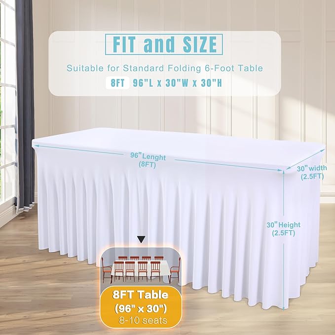 4 Packs White Tableclothes for 8 Foot Rectangle Tables, Wrinkle Resistant Fitted Table Cloth Stretch Spandex Table Covers with Skirt for Event Banquet Wedding Birthday Party