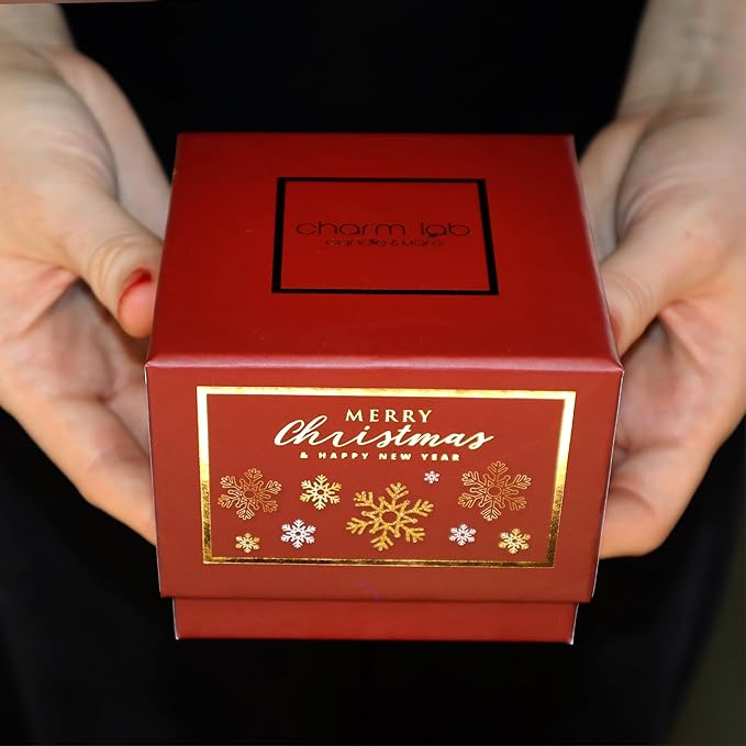 CharmLab Candle – Christmas, 12 oz Glass Jar with Wooden Lid, Wood & Spice Sandal Scent, 40H Burn, Red Snowflake Design, Luxury Gift Box, Elegant Holiday Candle, Christmas Gift & Home Decor