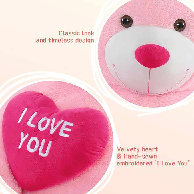 Red Heart Giant Teddy Bears, Big Teddy Bear Stuffed Animals with Embroidered I Love You for Girlfriend, Huge Valentines Fluffy Teddy Bear Birthday Gifts (Pink, 36 inches)