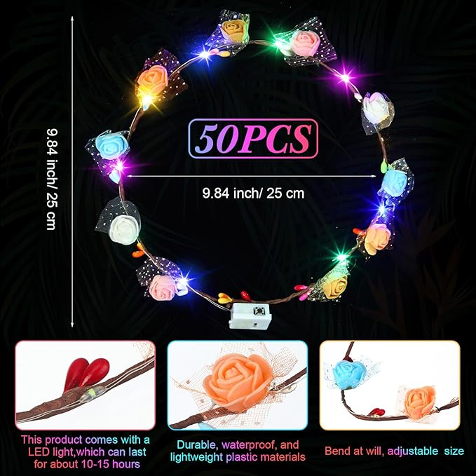 Syhood Valentines Day Gifts, 50 Pcs LED Flower Crowns Headbands, Light up Flower Crowns for Women, Glow in the Dark Headband for Wedding Birthday Mardi Gras Cosplay Princess Party Favors(Plum Blossom)