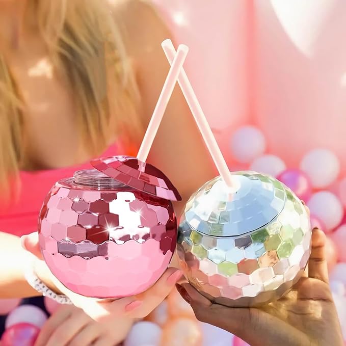 Disco Ball Cups, 20OZ Disco Party Cups with Lid and Reusable Straw Flash Ball Cocktail Cup for Party Nightclub Bar Supplies Wine Drinking Syrup Tea Bottle (25, Rose Gold)