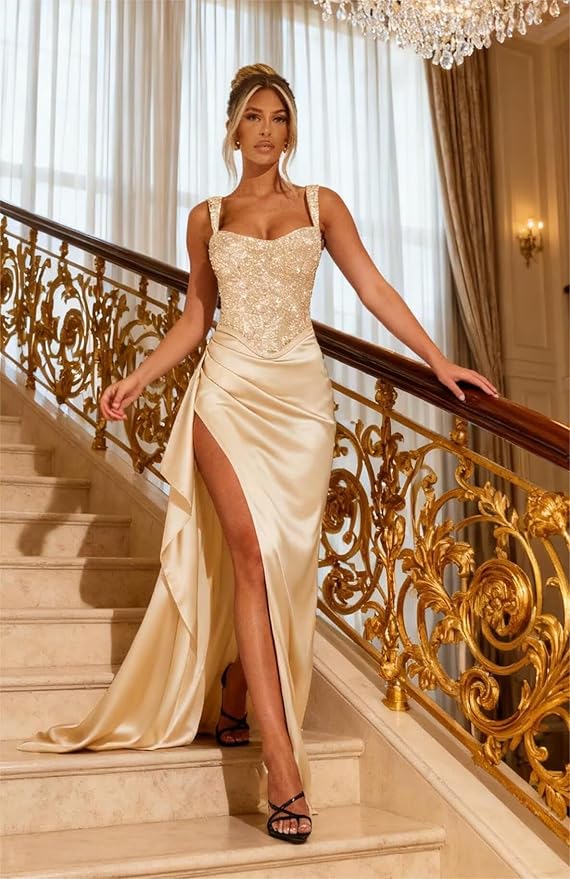 Basgute Sparkly Sequin Prom Dresses for Women 2026 Mermaid Corset Long Slit Ball Gown Formal Evening Party Dress