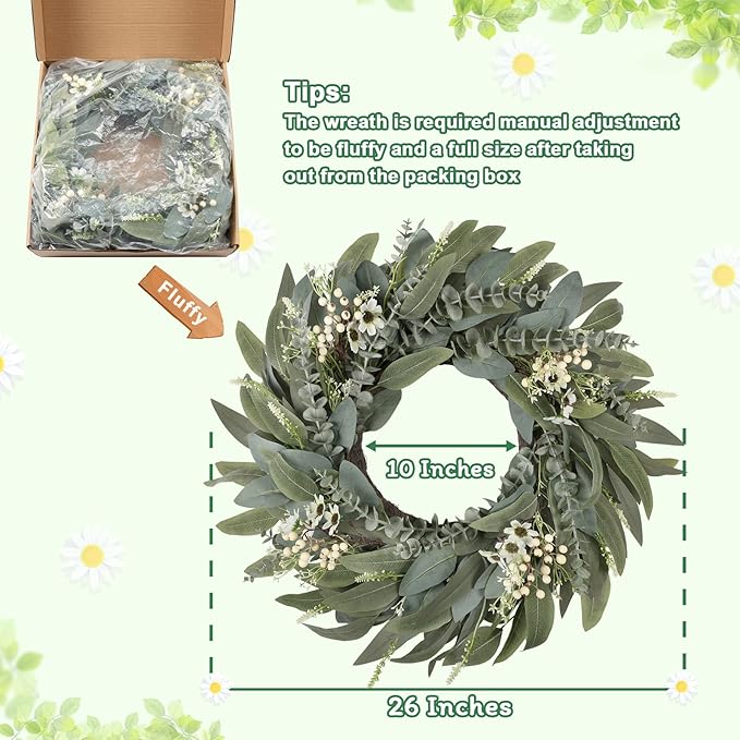 26 Inches Large Eucalyptus Spring Wreaths for Front Door,Artificial Greenery Summer Wreath with Berries White Flower Daisy,Easter Valentines Farmhouse Porch Wall Home Indoor Outdoor Décor
