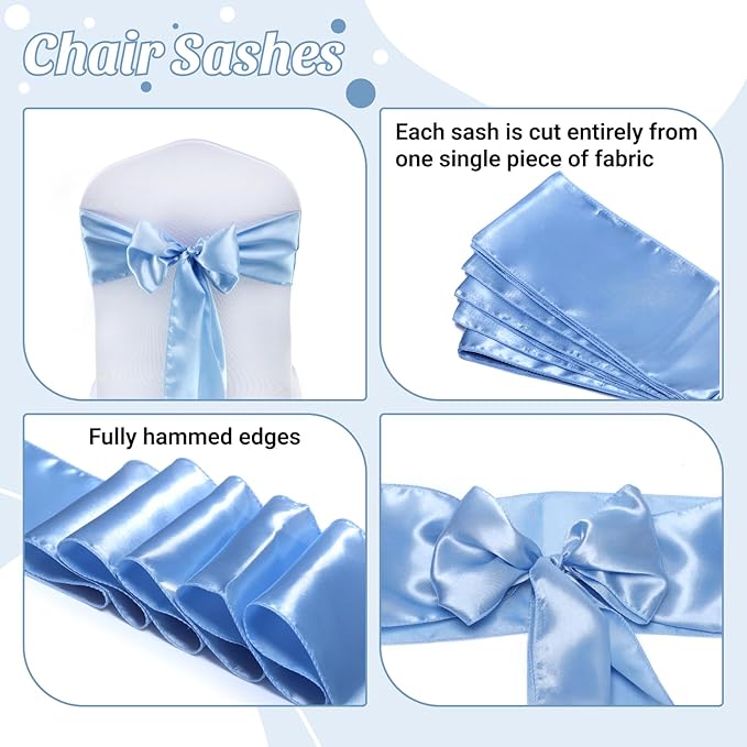 VDS Satin Chair Sashes Chair Cover Back Tie Sateen Bows Ribbon for Wedding Birthday Graduation Engagement Ceremony Event Party Banquet Venue Hotel All Dining Chair Decoration (50PC) (Baby Blue)