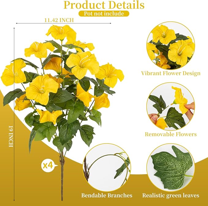 19 Inch Artificial Fake Flowers for Outdoor,4 Pcs Faux Silk Petunias Spring Flowers for Outside for Indoor Porch Planter Front Door Garden Patio Window Box Home Decor(Yellow)