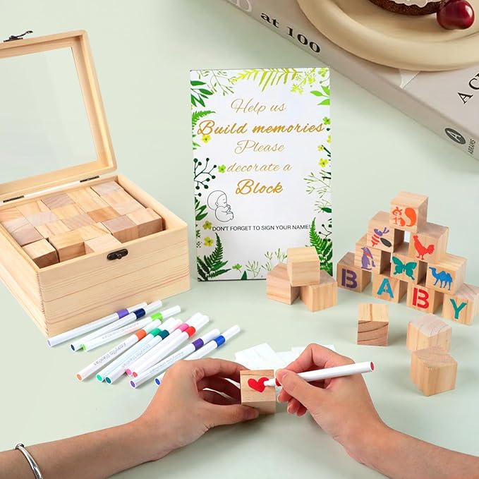 144 Pcs Baby Shower Games Sign Kit, Including 50 DIY Blank Wooden Blocks, 41 Stencils, 36 Acrylic Paint Markers, 15 Advice Cards, 1 Game Sign, 1 Storage Box for Baby Shower Games, Gender Reveal Party