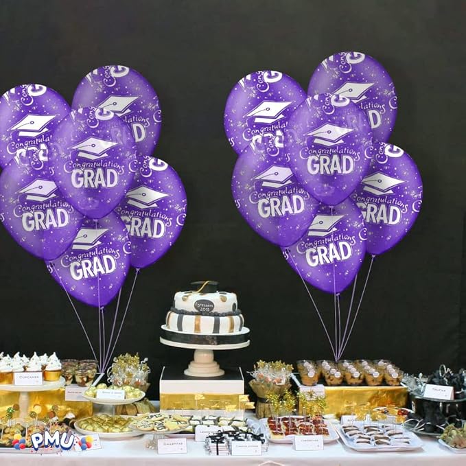 PMU 100 Pcs Crystal Purple Graduation Balloons Class of 2025 with All-Over Print White Grad Caps-Confetti and Streamers | Graduation Party Supplies | Congratulations Grad Latex Balloons Latex