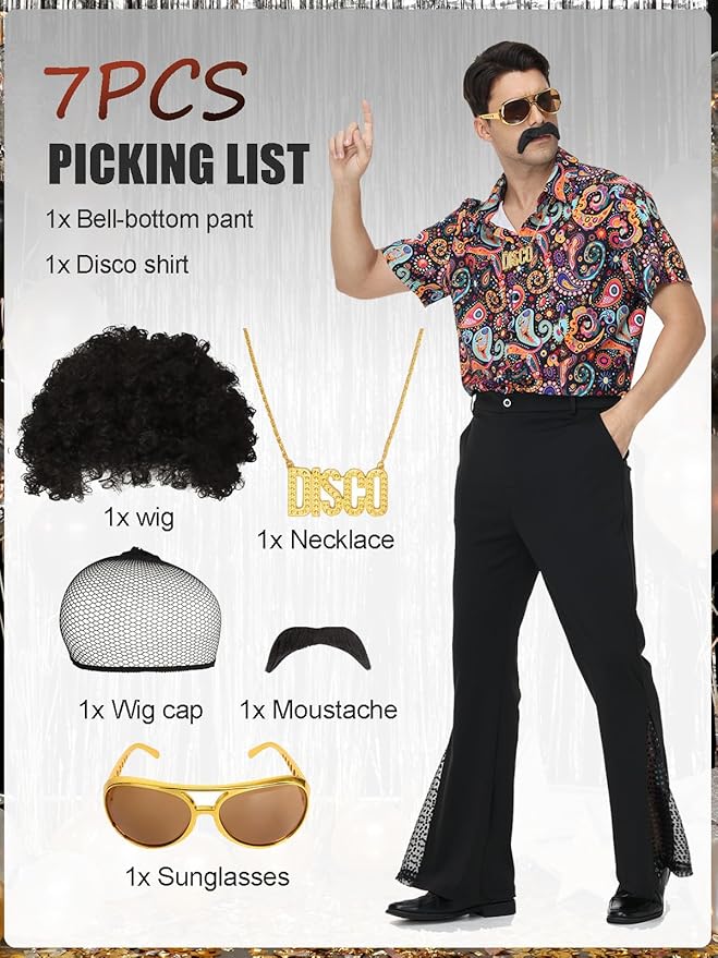 7Pcs Mens 70s Disco Costume, Retro Shirt Bell Bottom Pants Wig Sunglasses Necklace Wig Cap for Disco Party