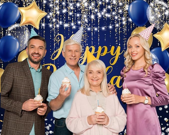 Blue Gold Happy Birthday Backdrop 10x8ft Gold Silver Glitter Birthday Photography Background Banner for Men Birthday Party Table Wall Decoration Photo Shoot Studio Props