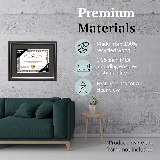 Creative Picture Frames 11" x 15" Rockefeller Black with Gold Rim Diploma Frame, Displays 11" x 15" Certificate or 16" x 20" Document without Mat, College Degree Frame, Full-Strength Glass, Black Mat