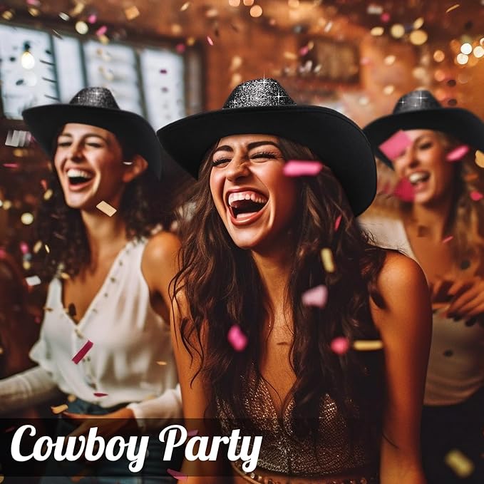 Coume 12 Pcs Sparkly Adults Cowboy Hat and Bandanas Women Men Western Glitter Cowgirl Party Hats with Adjustable Drawstring