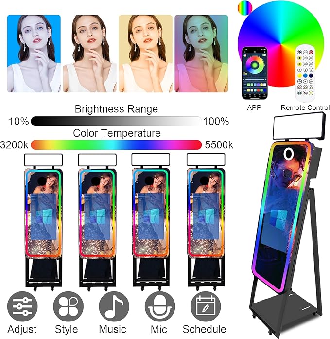Magic Mirror Photo Booth,Mirror Photo Booth Interactive Touch Screen with Flight Case, Built-in Mini PC with Instant Print and Sharing for Event Party Wedding Rental (Black, 21.5''Screen+Camera)