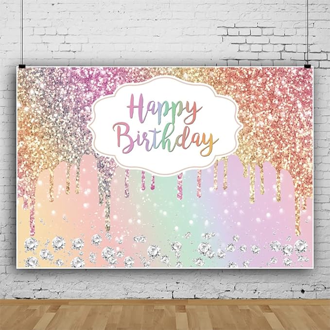 OERJU Rainbow Glitter Birthday Backdrop Colorful Sequin Diamonds Happy Birthday Backdrop for Women Girls Sweet 16 18th 21st 30th Birthday Party Decorations Background Cake Table Banner 15x10ft