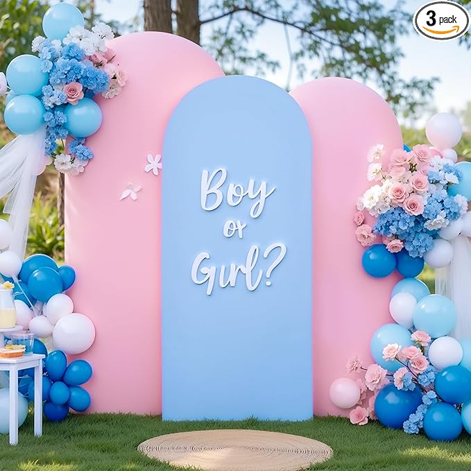 Pink Blue Arch Cover 3 Set-8FT, 7.2FT, 6.6FT Arch Backdrop Cover Spandex Fitted 2- Color Fabric Stand Covers for Gender Reveal Baby Shower Boy and GILR Birthday Party Photo Background Decorations