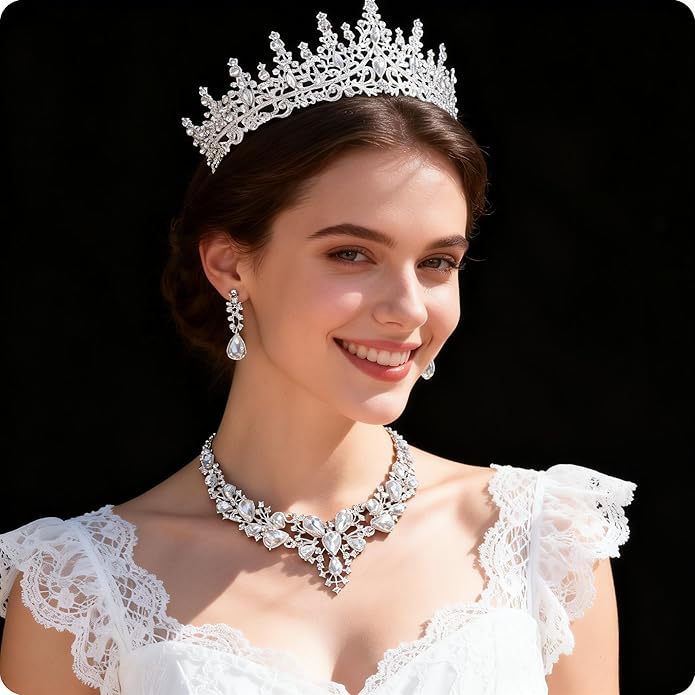 Kamirola Tiaras and Crowns for Women,Tiaras Earrings Necklace, Crystal Bridal Jewelry Set（TR83