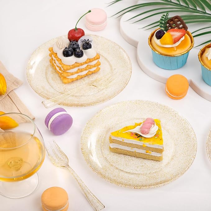 Festiva 200Pcs Gold Glitter Dessert Plates 6.3" with Forks 5"-Small Plastic Dessert/Cake/Appetizer Plates Disposable for 100 Guests Easter Party &Wedding& Birthday&New Year