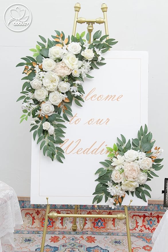 Pack of 2 Wedding Arch Decorations Artificial Hanging Flowers Floral Swag for Wedding Welcome Sign Backdrop Balloon Arch Home Party Bridal Ceremony Reusable(White)