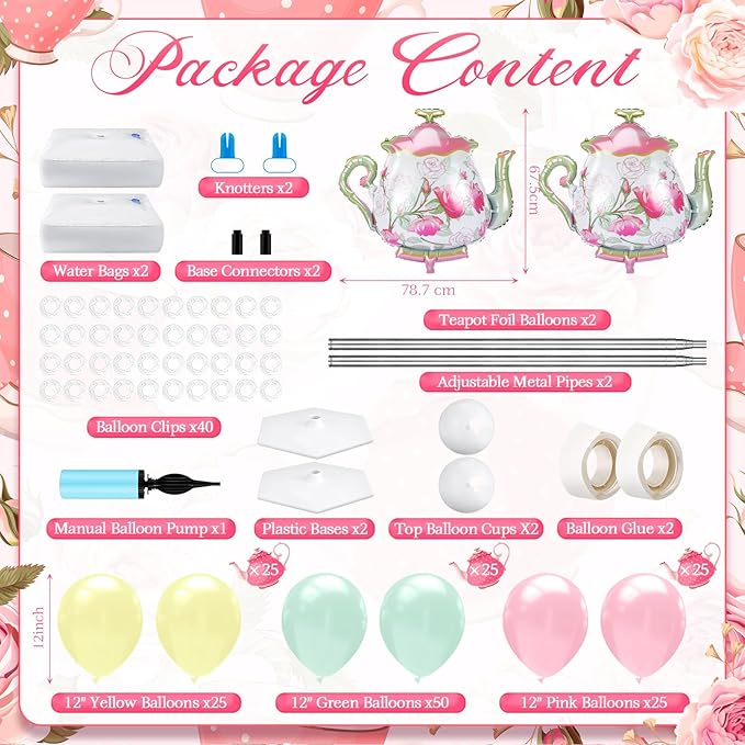 Kasyat 2 Set Tea Party Balloon Column Stand Kit with Adjustable Pastel Foil Balloon Arch Tea Party Decor for Spring Bridal Shower Wedding Baby Shower Teapot Birthday Decorations