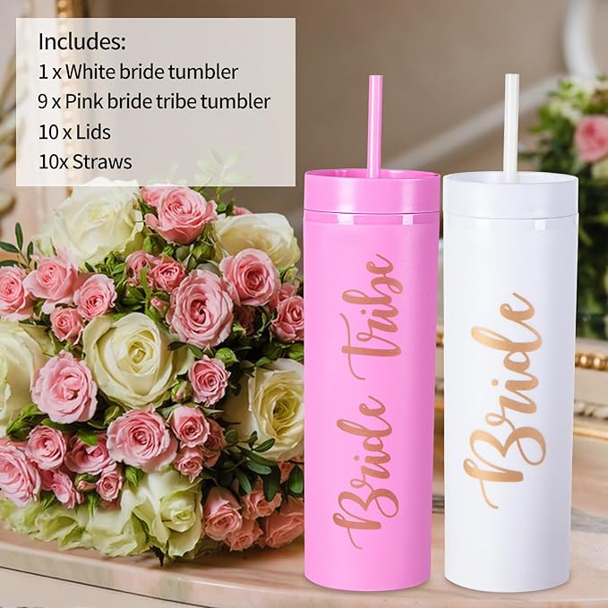 10 Pack Skinny Tumbler | 16 oz Bride & Tribe Tumblers | Bachelorette Party Cups | Wedding Gifts Bridesmaids Mugs & Games (Pink)