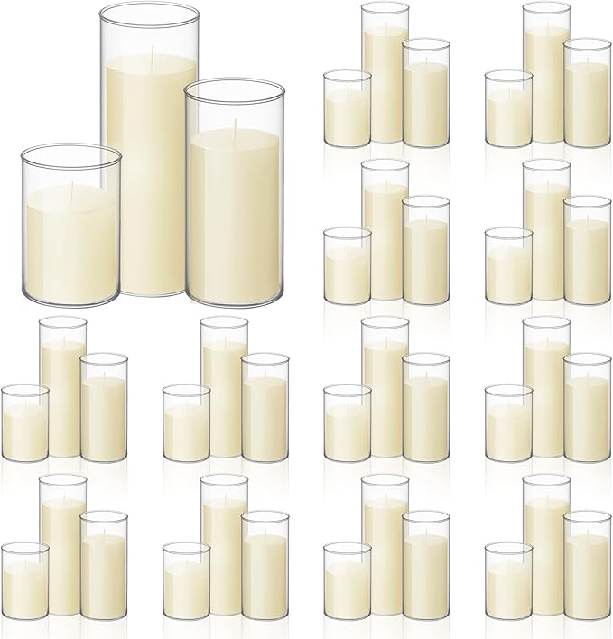 Shihanee Set of 36 Pillar Candles and Glass Cylinder Vases Clear Cylinder Holders for Slim Pillar Candles Wedding Centerpieces(3.4'' X 4.7", 7", 9.8",Ivory White)