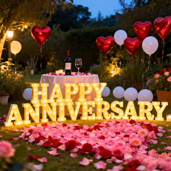 Happy Anniversary Decorations, Light up Letters Sign, with Rose Petals, Round Pearlescent Balloon, Aluminum Balloons, Light LED Neon, Table Decor for Valentine's Day Wedding Romantic Party