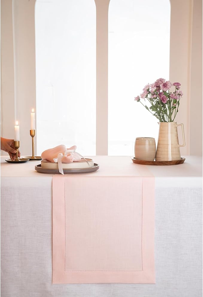 D'Moksha Homes Linen Pastel Pink Table Runner 120 Inches Long - 100% Pure Linen Hemstitch 14 x 120 Inch Table Runner for Dining, Valentines, Spring, Easter - Classic Hemstitch