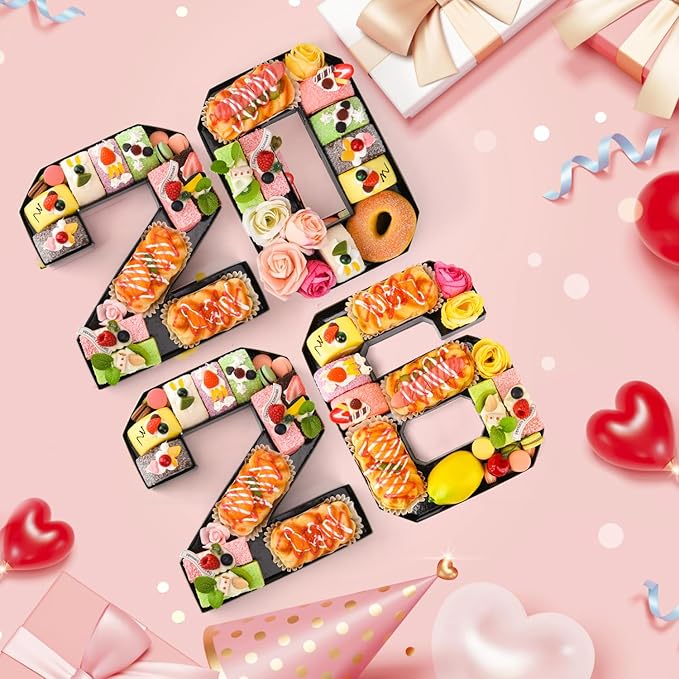 2026 Set Cardboard Number for Charcuterie 10.2'' Black Fillable Tray Charcuterie Paper Box for Graduation Anniversary Birthday New Year Party Decorations Chocolate Cookies Goodie Cupcake Box