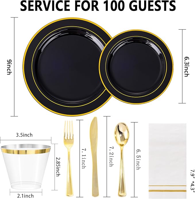 GATHER 700PCS Black Plastic Plates - Gold Disposable Plastic Dinnerware Set Include 200 6.3inch/9inch Black Plates, 300 Silverware, 100 Napkins, 100 Cups for Party & Wedding & Birthday