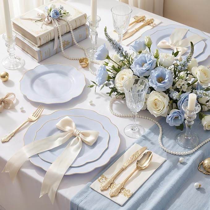 NOCCUR 175PCS Blue Plastic Plates with Gold Disposable Silverware - Include 50 Light Blue and Gold Plastic Plates,25 Knives,25 Forks,25 Spoons,25 Cups and 25 Napkins - Ideal for Shower/Spring Party