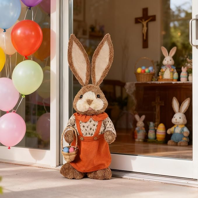 Juegoal Easter Straw Bunny Decorations, 32"(2.6FT) Extra Large Standing Mrs. Bunny Figurine, Handmade Easter Rabbit Statues, Cute Photo Props Gifts for Office Kitchen Farmhouse Spring Home