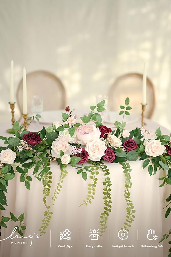 Ling's moment 9FT Spring Flower Garland - Wedding Arch Flowers, Eucalyptus & Rose, Artificial Floral Garland for Mantle - Sweetheart Table Decor for Reception, Backdrop Decorations, Marsala
