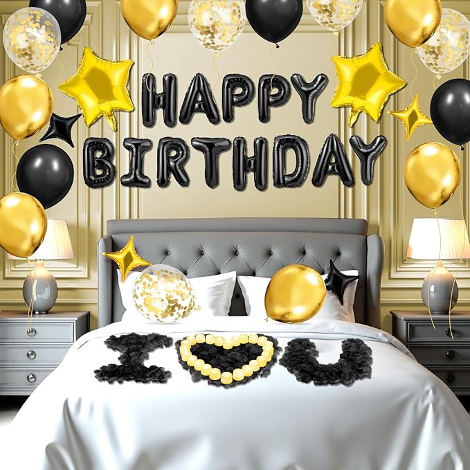 Black Gold Happy Birthday Balloons Decorations Black and Gold Birthday Balloon Letters Banner with 6 Pcs Star Balloons Black Artificial Rose Petals 24 Flameless LED Candles for Room Hotel Party Decor