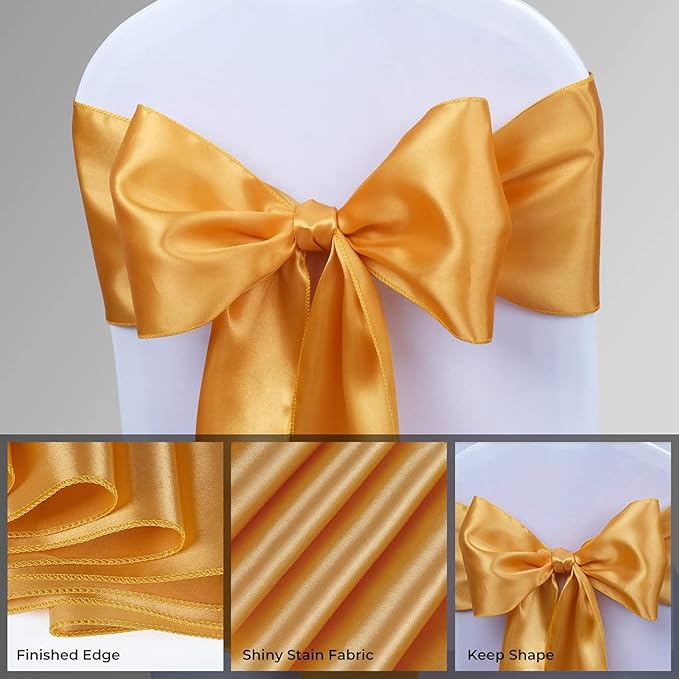 Babenest Satin Chair Sashes Ties Upgraded 50 pcs Chair Ribbons Bows for Wedding Banquet Party Christmas Baby Shower Events Decoration (Gold)