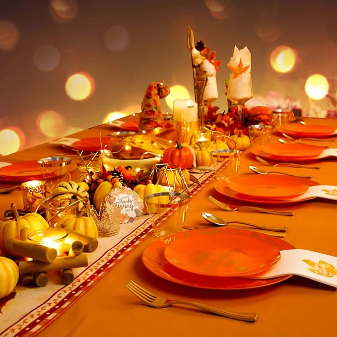 Nervure 175PCS Thanksgiving Plates - Orange and Gold Disposable Plates Include 25Dinner Plate, 25Dessert Plate, 25Cups, 25Knives, 25Forks, 25Spoons, 25 Fall Napkins for Thanksgiving Day