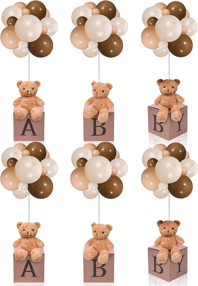 Lenwen 6 Sets Baby Letter Boxes Decorations Table Centerpieces for Baby Shower Gender Reveal,Bear Stuffed Animals Balloon with Stand Plush Toy Boxes for Birthday Party Wedding (Bear,Brown)