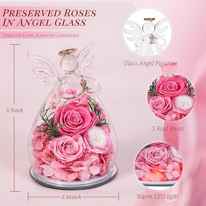 Birthday Gifts for Women Mom Preserved Roses in Glass Angel Figurines Flowers for Delivery Forever Flowers Eternal Rose Valentines Day for Grandma Sister Wife Her from Daughter
