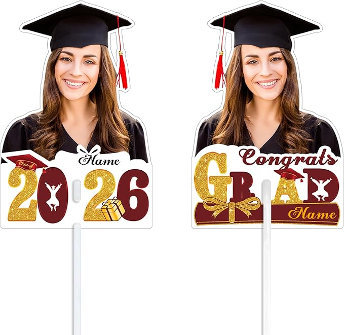 Personalized Graduation Face Fan 2026 Grade Custom Double Sided Face Cutout Fan with Handle Photo Booth Prop Party Supplies(B-Maroon and Gold,24pcs)