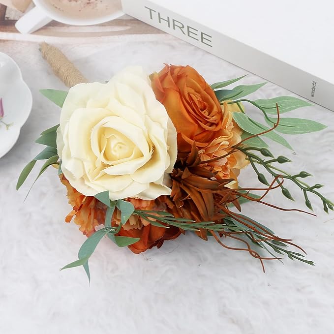 Bridesmaid Bouquets for Wedding - Set of 4 Artificial Flowers Small Bouquet for Fall Marriage Proposal Party Ceremony Anniversary Dining Table Centerpieces - Burnt Orange, 7 Inch