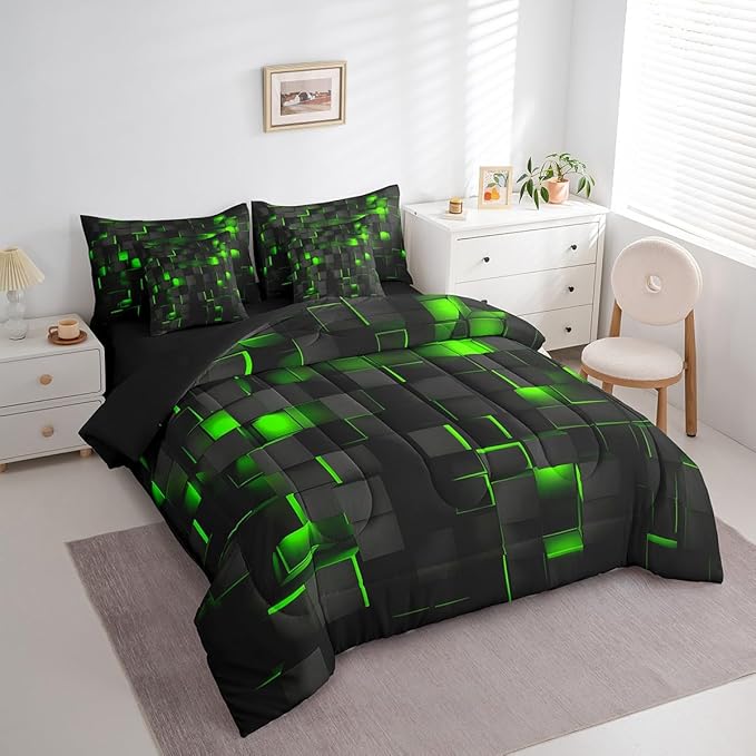 Feelyou Green and Black Bedding Set Full Size Kids Light Geometric Comforter Set with Sheets 7 Piece Bed in a Bag forModern Bed Set with Comforter,Sheets,Pillowcases,Cushion Covers