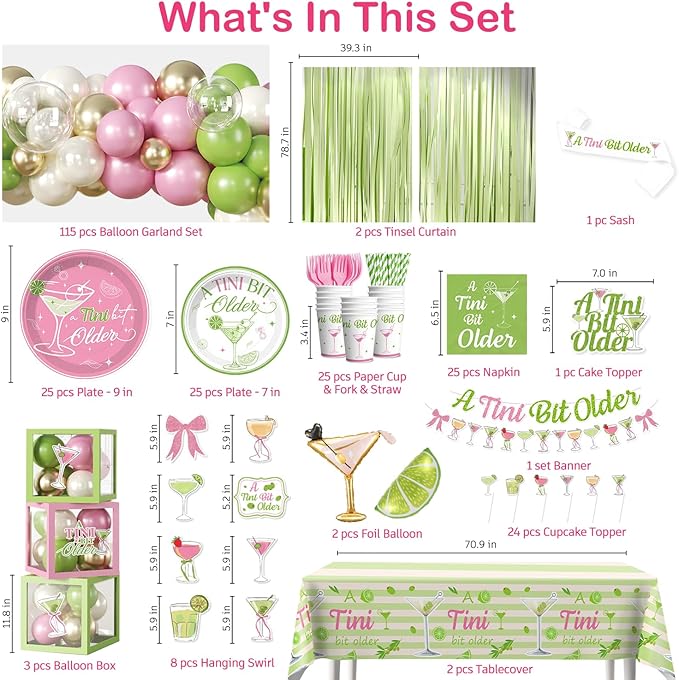 317Pcs A Tini Bit Older Birthday Tableware Set Serves 25 Guests, A Tiny Bit Older Birthday Decorations Include Banner, Plates, Balloons, Cups, Cake Topper for Girls Martini Bachelorette Party Supplies