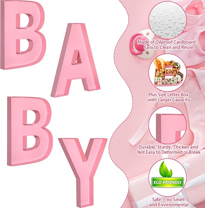 Mifoci 4 Pcs Large Baby Shower Food Trays 13.7" Charcuterie Cardboard Letter Shaped Serving Platter Fillable Boxes for Gender Reveal Baby Shower Party Paper Chocolate Candy Decoration(Light Pink)