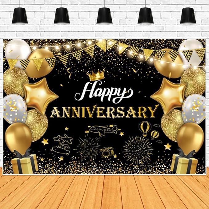 ChloropLastid Happy Anniversary Backdrop Black Gold Anniversary Decorations for Party Banner 50th 60th Anniversary Birthday Wedding Supplies Photo Booth Props Background 8X6FT