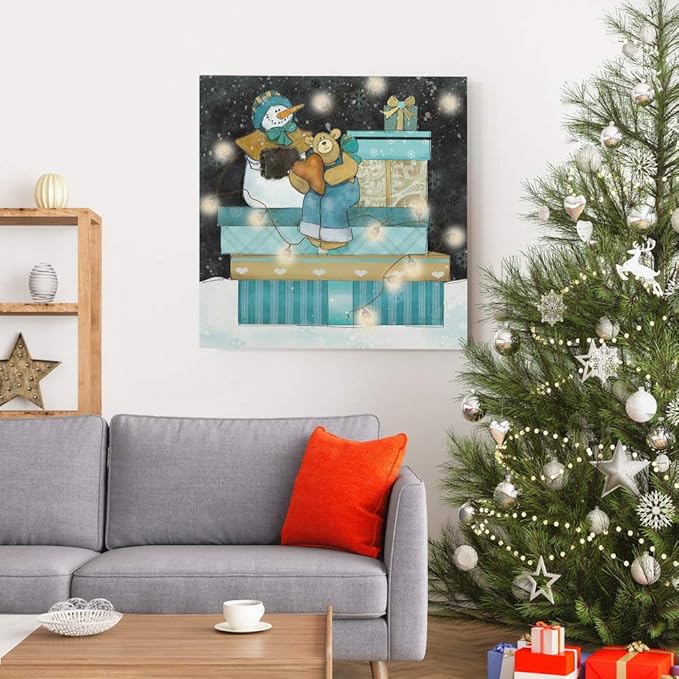 Renditions Gallery Snowman and Teddy Bear Wall (2) Art, Christmas & Winter Decor, Cute Pile of Presents, Premium Gallery Wrapped Canvas, Ready to Hang, 24 in H x 24 in W, Made in America