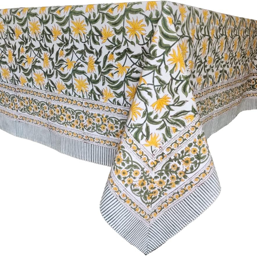 ATOSII 'Noor' 100% Cotton Boho Rectangle Tablecloth, Handblock Floral Print Linen Table Cloth for Dining Table I Tabletop I Parties/Outdoor I Wedding I Spring/Summer (60" X 108")