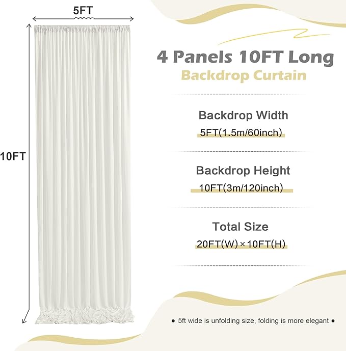 20ft x 10ft Wrinkle Free Ivory Backdrop Curtain for Parties, 4 Panels 5x10ft Silky Polyester Ivory Wedding Backdrop Drapes Photo Back Drop Cloth for Birthday Baby Shower Photography Background
