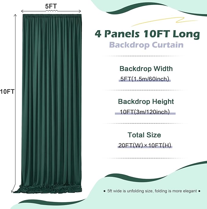 20ft x 10ft Wrinkle Free Hunter Green Backdrop Curtain for Jungle Parties, 4 Panels 5×10ft Soft Silky Green Polyester Photo Backdrop Drapes for Wedding Birthday Photography Christmas Background Cloth