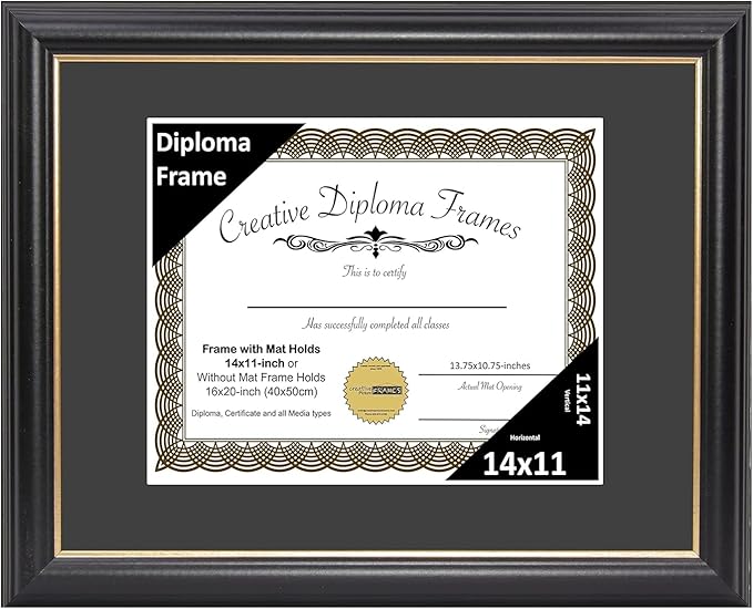Creative Picture Frames 14" x 11" Rockefeller Black with Gold Rim Diploma Frame, Displays 14" x 11" Certificate or 16" x 20" Document without Mat, College Degree Frame, Full-Strength Glass, Black Mat