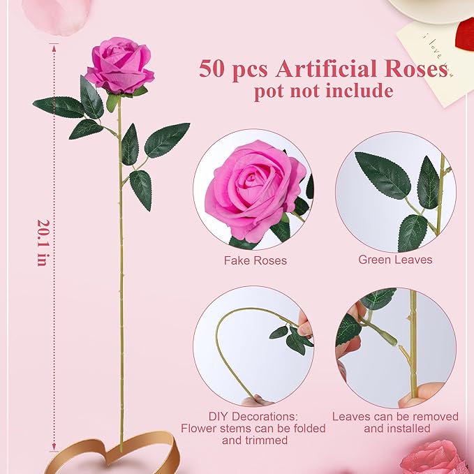 50 PCS Roses Artificial Flowers, Fake Roses with Stem Realistic Hot Pink Silk Rose for DIY Wedding Bouquets Table Centerpieces Arrangements Baby Shower Birthday Home Decor Valentine's Day Gift for Her