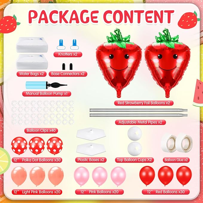 Kasyat 2 Set Strawberry Party Balloon Column Stand Kit Strawberry Red and Pink Foil Balloons Arch Garland Kit for Berry Sweet First Theme Baby Shower Birthday Party Decorations