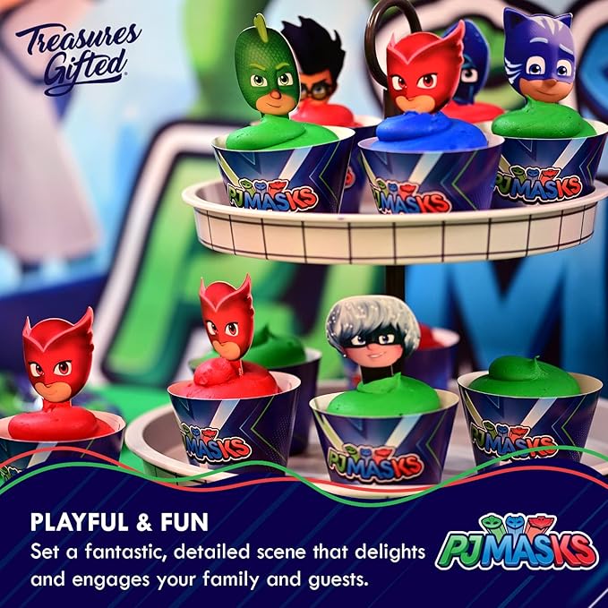 Treasures Gifted Officially Licensed PJ Masks Birthday Party Supplies - Serves 16 Guests - Dinnerware Deluxe Set PJ Masks Party Party Decorations - Tablecloth, Plates, Napkins & Cups